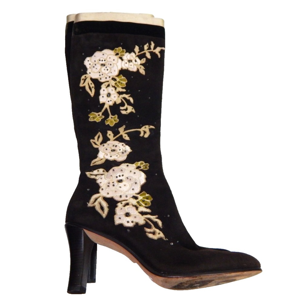 Cole Haan Women 6.5 Boots Vintage Y2K Floral Suede Brown High Heeled Embroidered